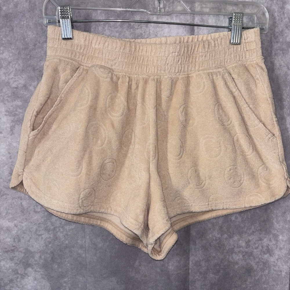 Aerie Offline Womens Tan Terry Smiley Face  Lounge Shorts Elastic Waist Small